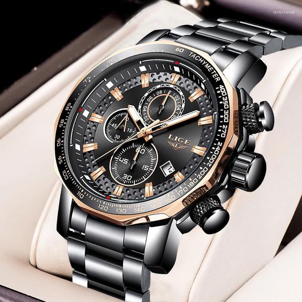 Relojes de pulsera Lige Fashion Big Dial Watch Men Top All Steel Cuarzo Muñeca para Casual Impermeable Deportes Cronógrafo Caja