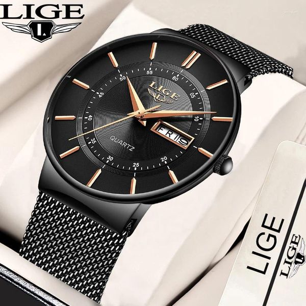 Montre-bracelets Lige Fashion Luxury Quartz Man Watch Top Classic Simple Mesh Big Cador Watches For Men AutoProping Ultra Thin Auto Date