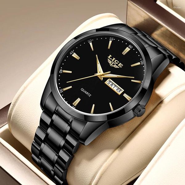 Montre-bracelets lige mode tluxury quartz mens watch op marque affaires en acier inoxydable sport décontracté lumineux horloge imperméable montre une montre-bracelet