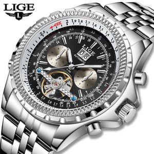 Montre-bracelets Lige Fashion Tourbillon Mechanical Watches Men Top Steel Military Automatic Watch for Reloj Hombre