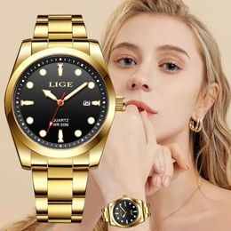 Polshorloges lige dames polshorloge luxe waterdichte lichtgevende date gouden horloge voor dames kleding roestvrij staal kwarts dameshorloges box