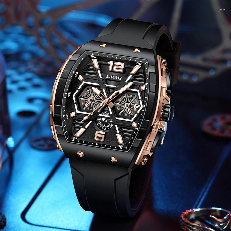 Нарученные часы Lige Lige Luxury Fashion Quartz Man Clock Square Творческий силиконовый ремешок 50Mwaterprong Watch for Men Luminoius Casual Date