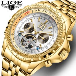 Montre-bracelets LIGE Luxury Gold Mens Watches Hollow Tourbillon Mechanical Watch imperméable Calendrier lumineux Calendrier en acier inoxydable Calloge automatique