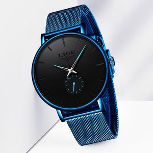 Montres-bracelets LIGE luxe hommes montre mode minimaliste bleu Ultra-mince maille bracelet décontracté étanche Sport montre-bracelet cadeau pour