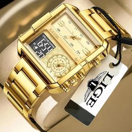 Polshorloges lige luxe originele mannen sport pols horloge gouden kwarts stalen waterdichte dubbele display klok horloges voor relogio masculino