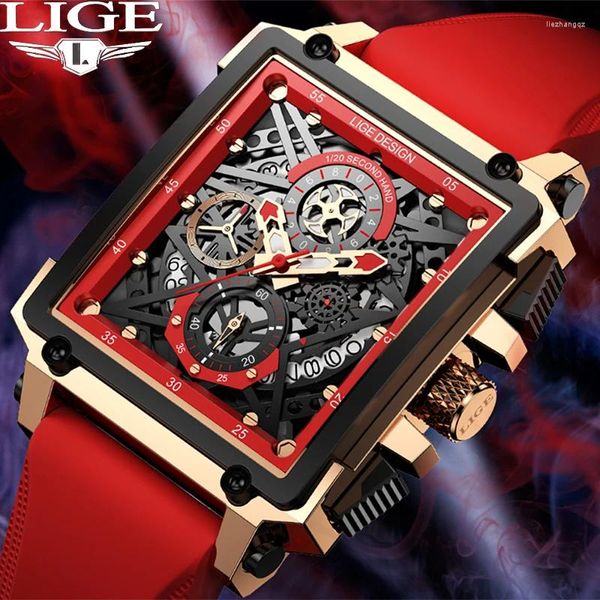 Mujeres de pulsera Lige Man Watch Top Top Waterproof Quartz Square Wutwatch for Men Date Casual Silicone Silicone Hollow Out Reloj