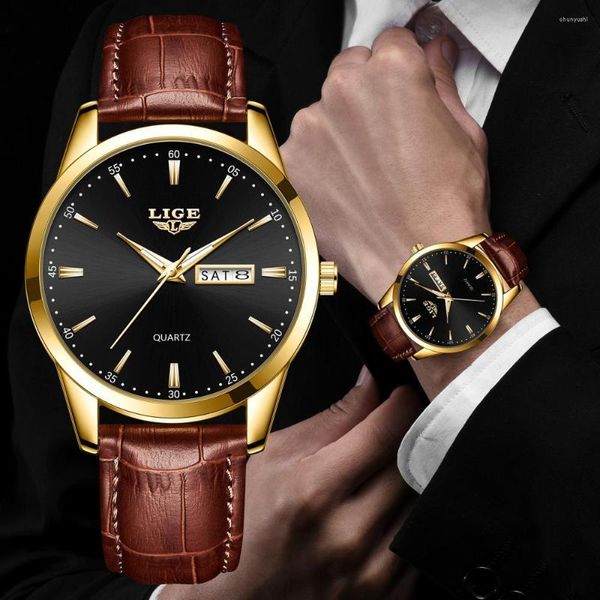Montres-bracelets LIGE hommes montre mode montres en cuir étanche lumineux semaine Date haut Quartz montre-bracelet Relogio Masculino boîte