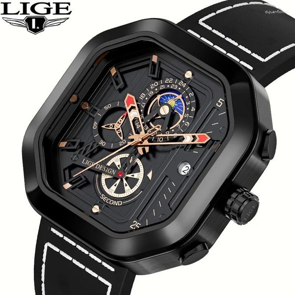 Montre-bracelettes Lige Square Fashion Luxury Men de luxe Match Mentes pour hommes Strap de cuir Chronographe Chronographe Wristwatch Man Clock Reloj