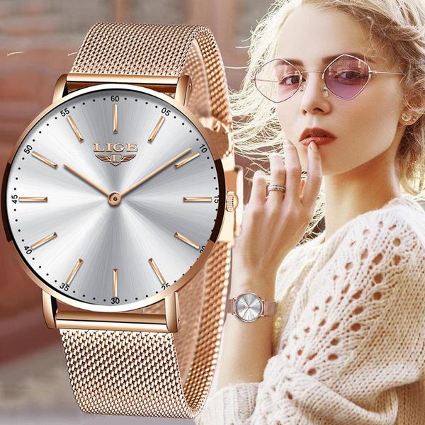 Montres-bracelets LIGE Super Slim Rose Gold Femmes Montres Business Quartz Montre Dames Top Femme Poignet Fille Horloge