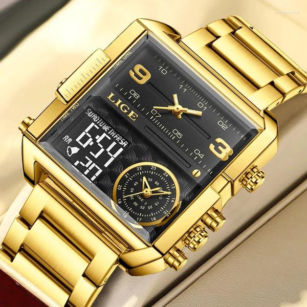 Montre-bracelettes Lige Top Fashion Men Regardez Gold Steel Sport Square Digital Analog Big Quartz Watch for Man Reogio Masculino Box