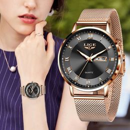 Relojes de pulsera LIGE Reloj para mujer Pulsera Reloj de cuarzo Movimiento Simple Impermeable Oro rosa Malla de acero inoxidable Relojes para mujer Relogio Feminino 230905