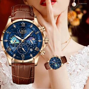 Relojes de pulsera LIGE Relojes para mujer Moda de lujo Cuarzo Correa de cuero Fase lunar Reloj de pulsera luminoso a prueba de agua Fecha Negocio Casual Lady