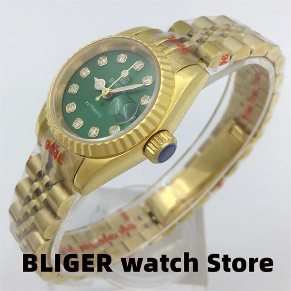 Montres-bracelets LIGER Luxe 26mm Montre en or pour femme Diamant Index Cadran vert Date Fenêtre Verre Saphir Japon NH05 Mécanique