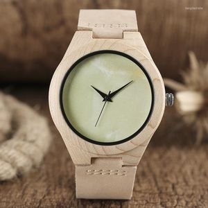 Polshorloges lichtgroen geen woord wijzerplaat hout horloge bleken bamboe minimalistisch analoog echt lederen nieuwigheid klok online reloj de madera