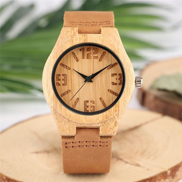 Relojes de pulsera ligeros de madera de bambú para mujer, reloj grabado con estampado de números, esfera analógica, Simple, informal, correa de cuero genuino, relojes de madera
