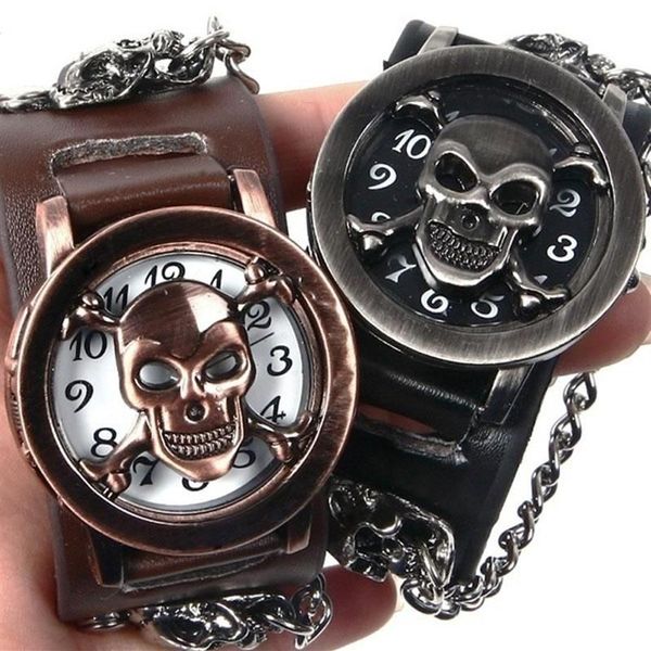 Relojes de pulsera Lo Mas Vendido Hombres Relojes de calavera Clamshell Creativo Estilo Hip Hop Moda Steampunk Reloj Hombre Cuero Gift267F