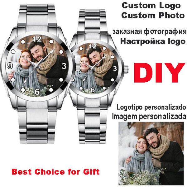 Relojes de pulsera Amantes Reloj PO personalizado Imagen de bricolaje Logotipo Relojes de cuarzo Imprimir imagen en esfera de metal Reloj creativo Regalo único para parejas