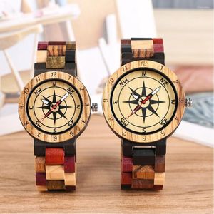 Montres-bracelets Amoureux Montre Couple Cadeaux Créatif Mixte Couleur Boussole Conception Bois Horloge Mâle Plein Bracelet En Bois Quartz Analogique Montre-Bracelet