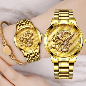 Relojes de pulsera Loyal Men Women Luxury Watch 2021 Gold Sparkly Diamond Brand Bracelet Oriental Dragon Steel Casual Relogios Masculino Feminino