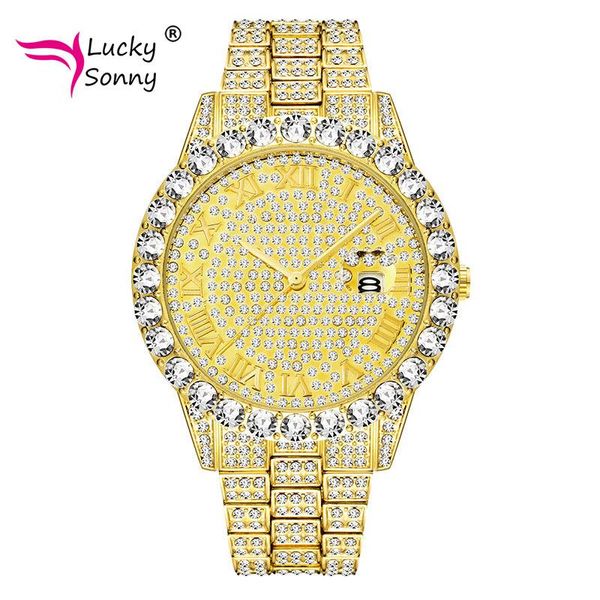Montres-bracelets Lucky Sonny montre pour hommes plaqué or 18 carats avec Micropave CZ Bracelet en diamant brillant pour hommes montres de mode horloges