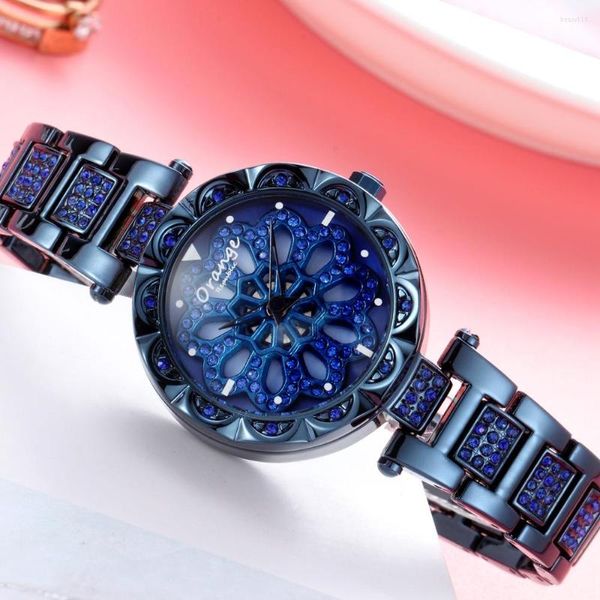 Montres-bracelets montre chanceuse femmes magnifique brillant fleur cadran 360 degrés pétale Rotation luxe femme décontracté étanche