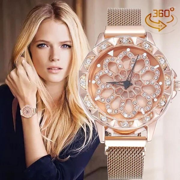 Montre-bracelets Lucky Women montre 2024 Rose Gold Rotating Flower Relogio féminino Fashion Diamant Magnetic Quartz Horloge