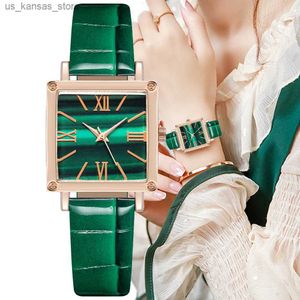 Montre-bracelets luxe 2022 carré émeraude vert simple rome design femmes quartz mode bracelet en cuir cadeaux femmes ES240409