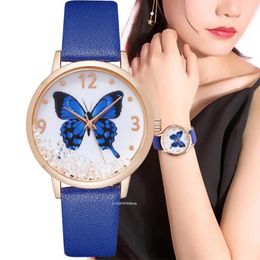 Montres-bracelets de luxe 2023 Lady Marques Montres Mode Cristal Bleu Papillon Femmes Quartz Montre Loisirs Bracelet En Cuir Femme Horloge Cadeaux