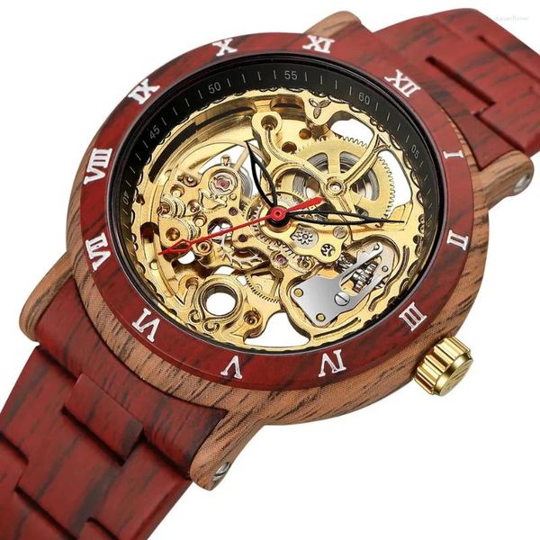 Montres-bracelets Montre mécanique automatique de luxe pour hommes en acier inoxydable squelette Reloj mâle grain de bois horloge rouge homme Hombre Relogio Masculino
