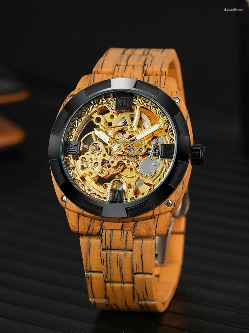 Horloges Luxe Automatische Mechanische Horloge Voor Mannen Rvs Skeleton Reloj Mannelijke Houtnerf Gear Klok Man Hombre Relogio