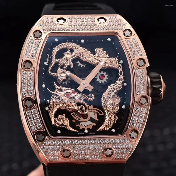 Montre-bracelets Luxury Black Rubber Men Automatic Mécanique Dragon Phoenix Diamond Tourbillion Watch Sport Montres