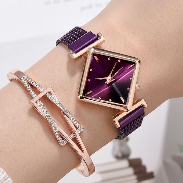 Relojes de pulsera de lujo, relojes de pulsera para mujer, sencillos, morados, magnéticos, cuadrados, con cinturón, vestido, reloj de cuarzo, reloj de pulsera para mujer, reloj