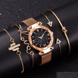 Montres-bracelets Marque de luxe Or Rose Ciel Étoilé Cadran Montres Femmes Dames Bracelet En Cristal Quartz Montre-Bracelet 5 PCS Ensemble Relo Dhgarden Ot29I