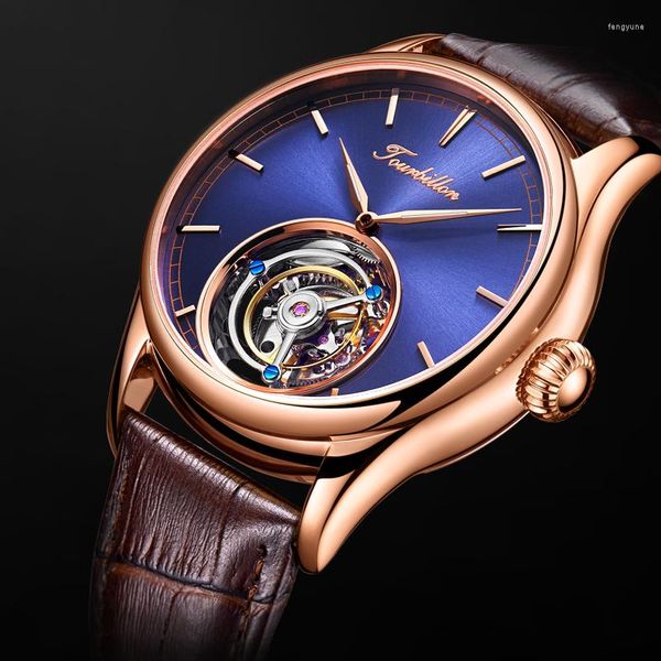 Relojes de pulsera de lujo para Hombre de negocios, Reloj mecánico Tourbillon, esfera azul, Reloj de pulsera de cuerda manual para Hombre, Reloj de cuero para Hombre 2023