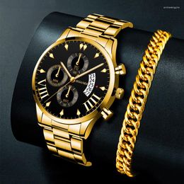 Relojes de pulsera Relojes de negocios de lujo para hombres Reloj de cuarzo de acero inoxidable Conjunto de pulsera Moda para hombres Deporte Calendario de fecha casual Reloj