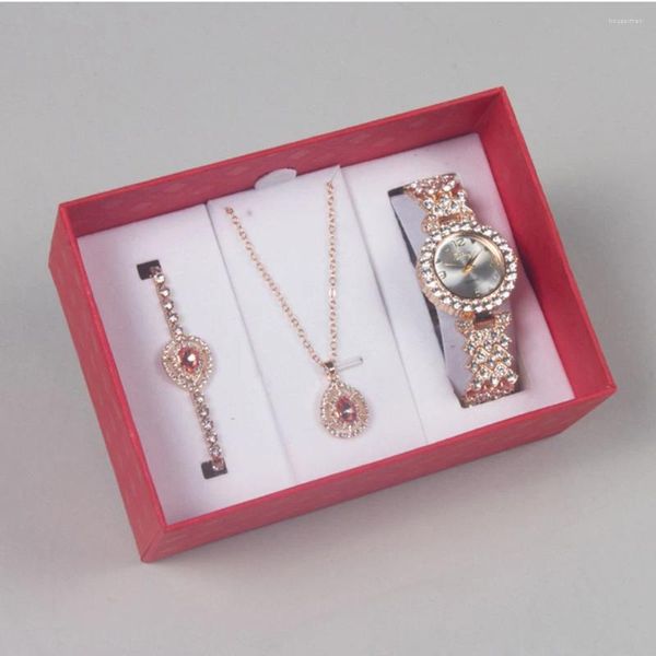 Relojes de pulsera Reloj de cuarzo de diamante de lujo para mujer Vestido elegante Reloj analógico con colgante Neklace Pulsera Caja de regalo 3 unids Conjuntos