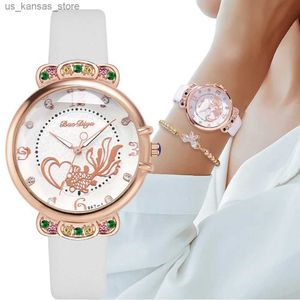 Montre-bracelettes de luxe Diamond Setting Women Fashion Es OpenWork Goldfish Dial Ladies Casual White En cuir poignets Femme Quartz240409