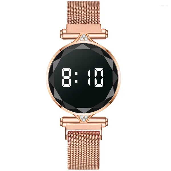 Relojes de pulsera Relojes magnéticos digitales de lujo para mujer Vestido de acero inoxidable de oro rosa Reloj de pulsera de cuarzo LED Reloj femenino Relogio Feminino