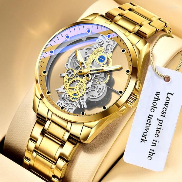 Relojes de pulsera Reloj de pulsera mecánico automático de acero con esfera hueca de doble cara resistente al agua para hombre Reloj de oro y plata para hombre