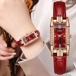 Montres-bracelets De Luxe Mode Femmes Montres Cadeau Pour Dame Bracelet En Cuir Rouge Simple Montre Cas Strass Rectangle Cadran Horloge Reloj De Mujer