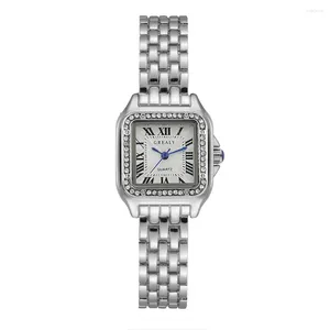 Montres-bracelets de luxe plein de diamants pour femmes marque carrée quartz romain mode argent horloges en acier inoxydable montres cadeaux d'affaires