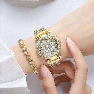 Mujeres de pulsera Luxury Full Rhinestone Women Watches 2023 Fashion S acero inoxidable Pulsera dorada Muñeca de pulsera Damas Vestido casual Reloj