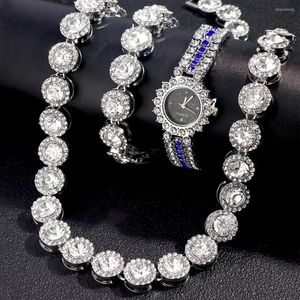 Montre-bracelets Luxury Gold Color Watch Ladies Matchs de poignet Bracelet pour les femmes Bling Iced Out Round Crystal Tennis Chain Collier Set Bijoux