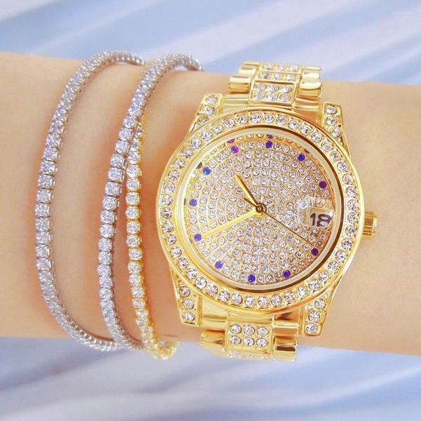 Relojes de pulsera de oro de lujo para mujer, relojes de pulsera, reloj de vestir para mujer, reloj de plata de acero inoxidable con diamantes de cristal, reloj Montre Femme