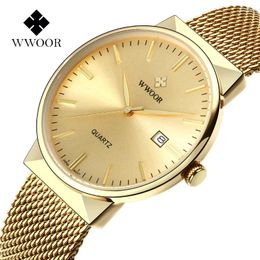 Relojes de pulsera Reloj de hombre de oro de lujo WWOOR Moda para resistente al agua Malla de acero inoxidable delgada para hombre Reloj de pulsera de cuarzo Masculino