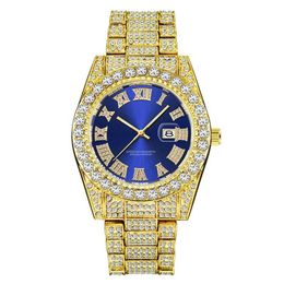 Montres-bracelets Luxe Or Roman Bling Hip Hop Plein Glacé Montre Quartz Bleu Diamant Montres Hommes Argent Diomand Reloj De Diamantes206F