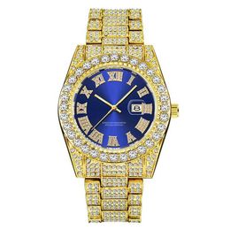 Relógios de pulso luxo ouro romano bling hip hop completo congelado relógio quartzo azul diamante relógios homens prata diomand reloj de diamantes2980