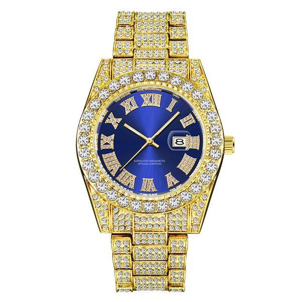 Montres-bracelets Luxe Or Roman Bling Hip Hop Plein Glacé Montre Quartz Bleu Diamant Montres Hommes Argent Diomand Reloj De Diamantes215N