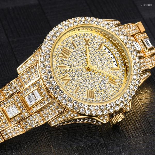 Relojes de pulsera Reloj de oro de lujo para hombres Iced Out Hip Hop Full Bling Diamonds Relojes para hombre Relojes de pulsera de cuarzo de moda a prueba de agua Hombre