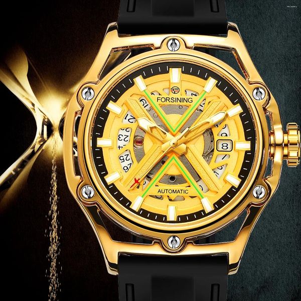 Montre-bracelets Luxury Golden Case squelette automatique Auto-vent de la montre mécanique pour hommes Lumineux Slicon Black Silicone Sport